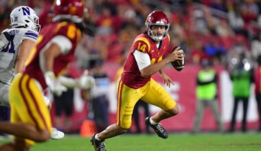 USC quarterback Jayden Maiava looks to make a play against Northwestern during the 2025 college football season.
