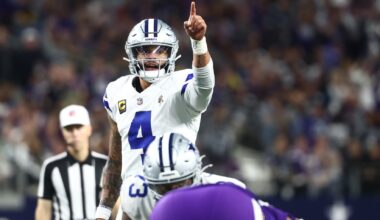 Dec 14, 2025; Arlington, Texas, USA; Dallas Cowboys quarterback Dak Prescott (4) calls signals during the second half against the Minnesota Vikings at AT&T Stadium.