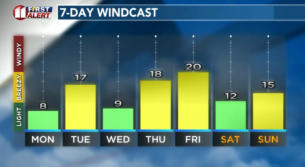 Forecast peak sustained winds are shown in this graph. Peak gusts will exceed the values shown...