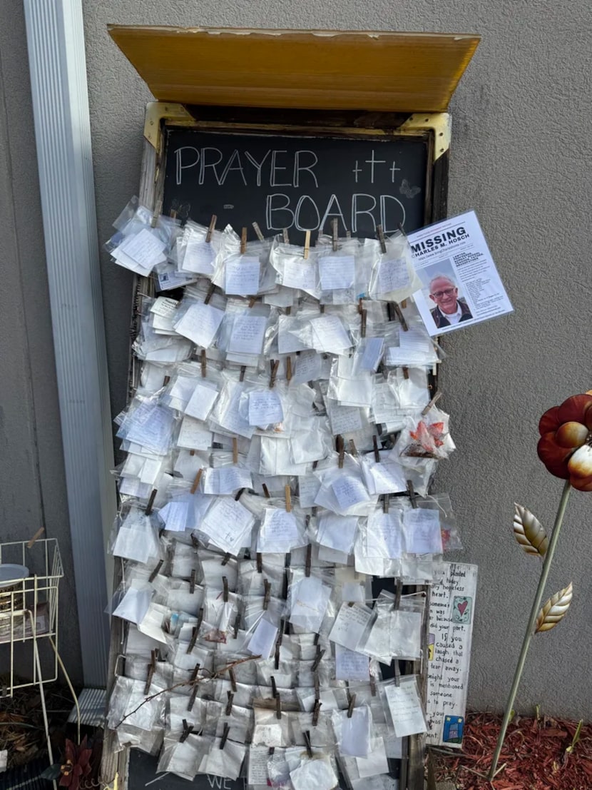 A prayer board dedicated to Charles Hosch and the search to bring him home.