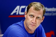 SMU head coach Rhett Lashlee speaks with reporters after an NCAA football game against TCU,...