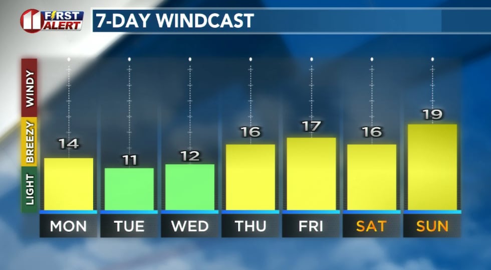 Forecast peak sustained winds are shown in this graph. Peak gusts will exceed the values shown...