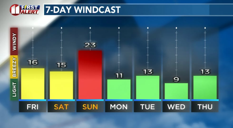 Forecast peak sustained winds are shown in this graph. Peak gusts will exceed the values shown...