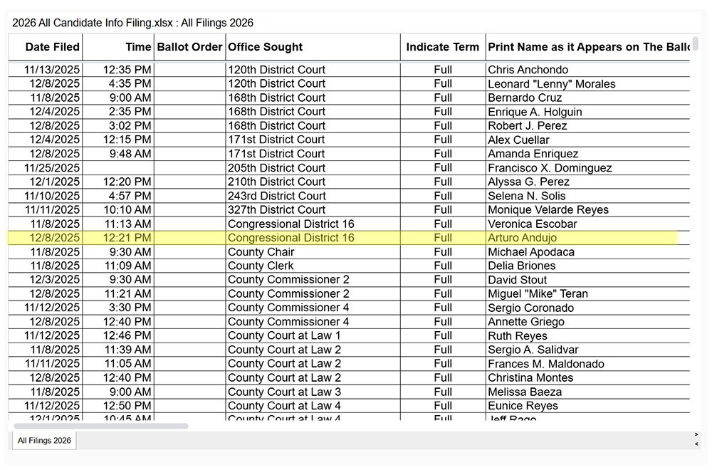 Screenshot of El Paso Democratic Party primary candidate filings.