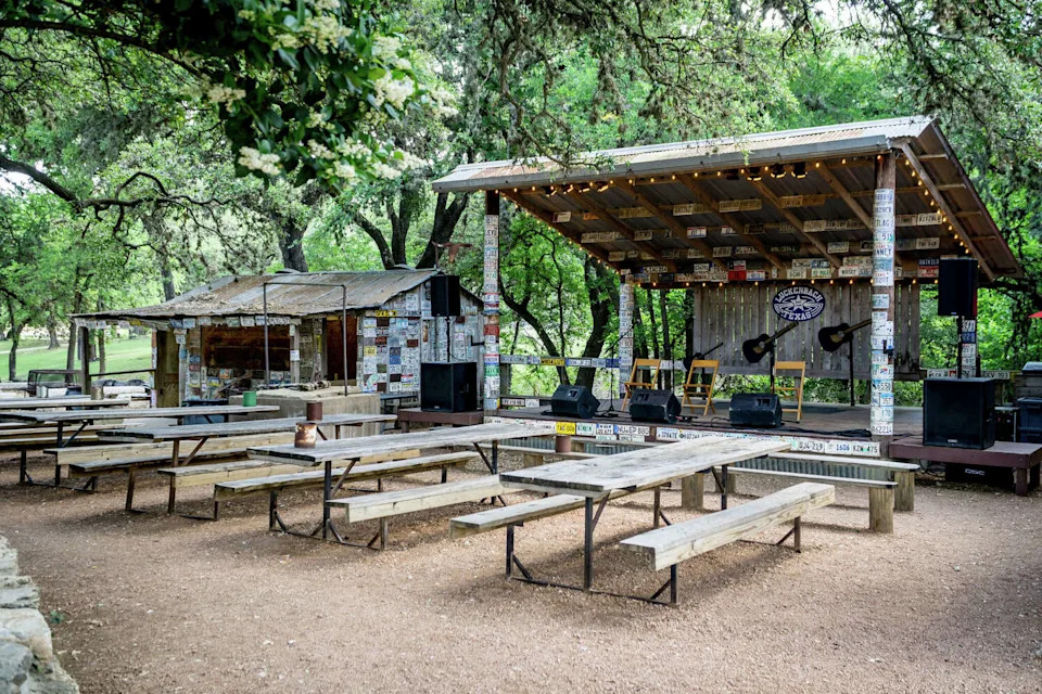 Outdoor music venue behind the old post office in Luckenbach Texas. Made famous by the song Luckenbach Texas by Waylon Jennings and Willie Nelson (Eric Overton/Getty Images)