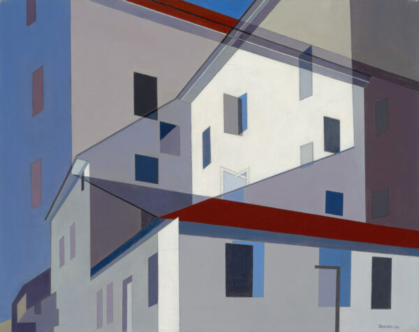 A geometric painting resembling a house and building with white walls and grey and blue windows.
