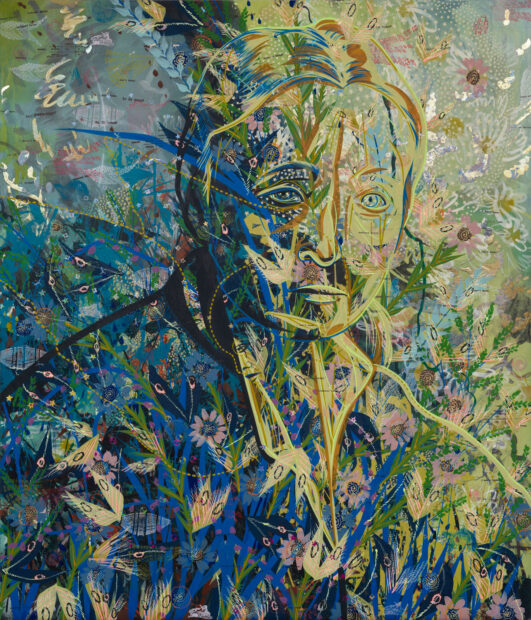 A complex multimedia artwork featuring a woman's face amid an array of floral and insect forms.