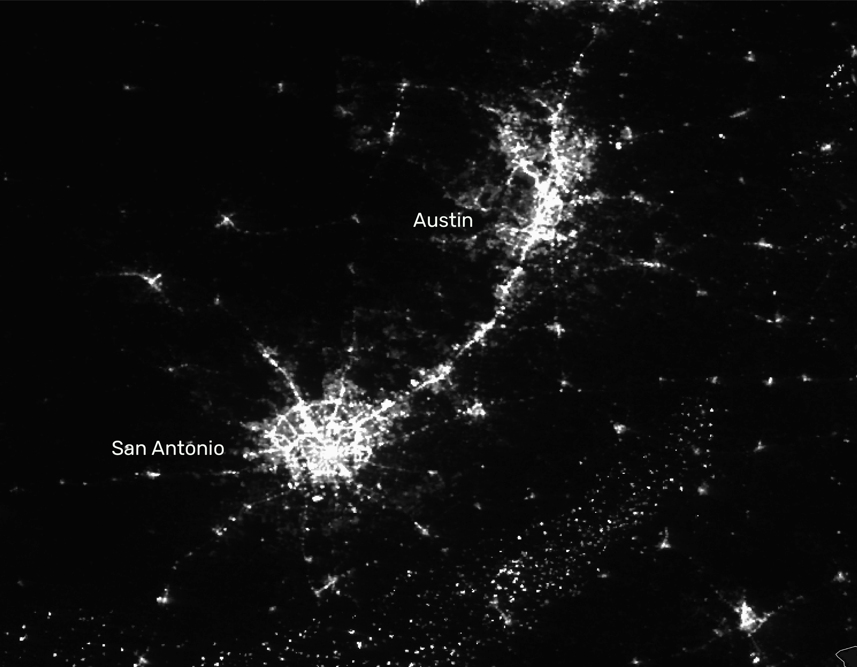 Nighttime satellite imagery shows San Antonio lights in December.