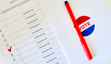 A picture of a generic list of candidates with a vote sticker and a read pen.