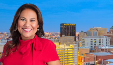 A picture of Veronica Escobar over a picture of El Paso.