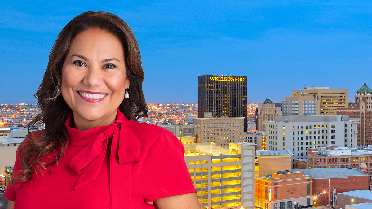 A picture of Veronica Escobar over a picture of El Paso.