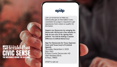 A picture of a telephone with a text message from the El Paso Democrats telling judicial candidates that they need 500 signatures.