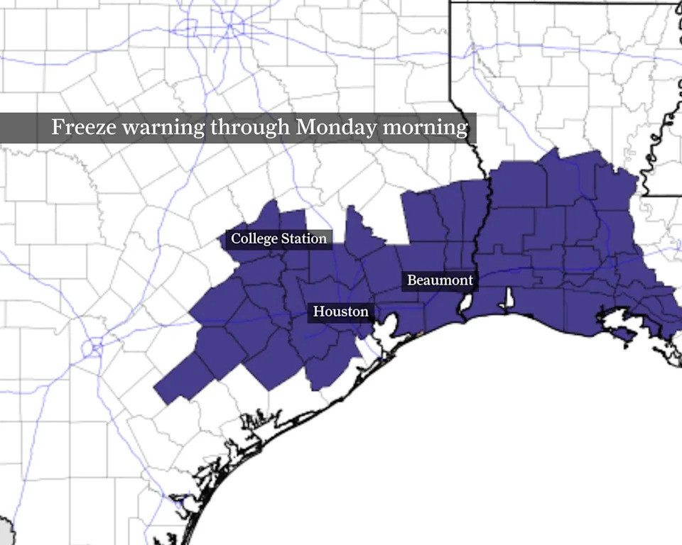 This image shows where freeze warnings are in effect beginning at midnight Monday and lasting until 9 a.m. (National Weather Service / Pivotal Weather)