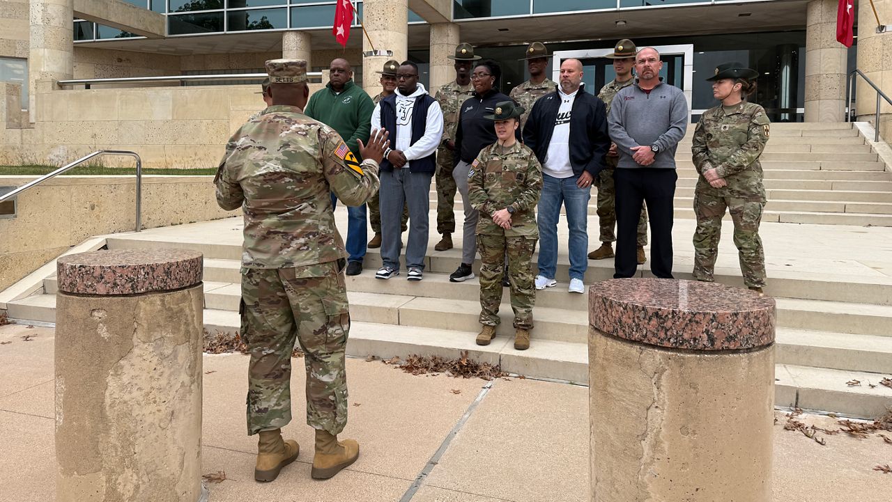 Sgt. 1st Class Leroy Betts III talks to drill sergeants and Killeen ISD coaches and athletic directors. (Spectrum News 1/Blessing Iwuchukwu)