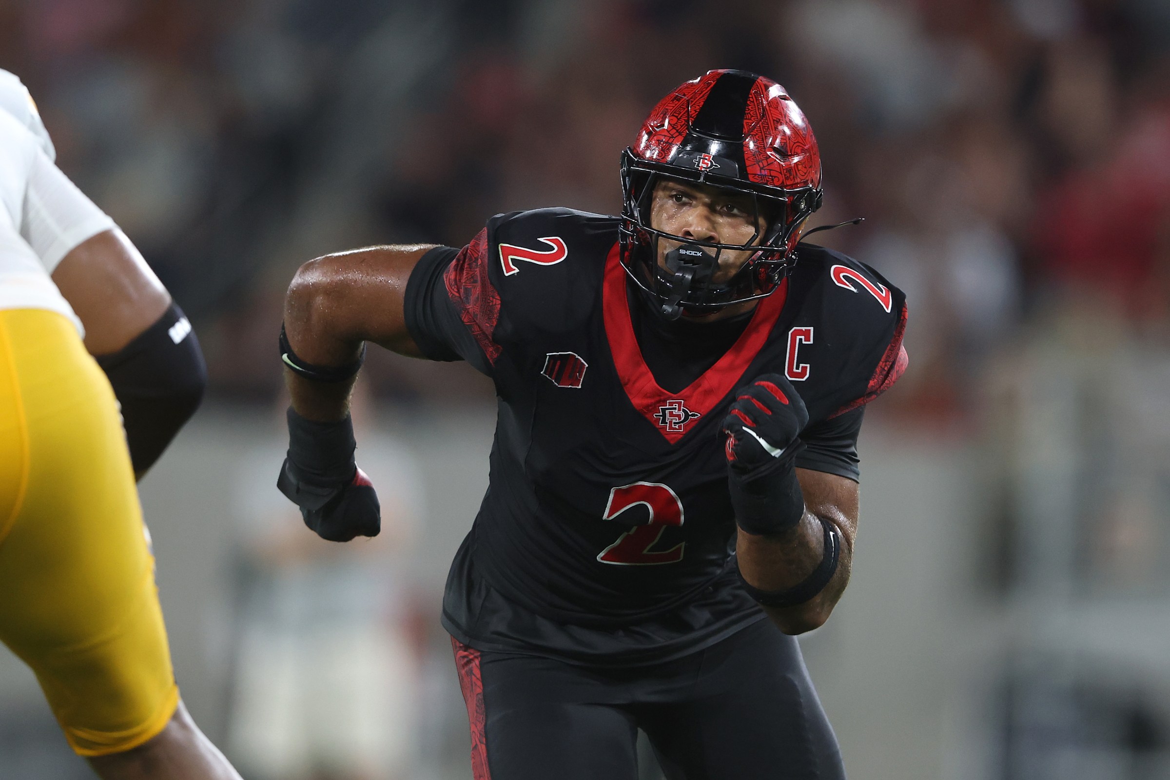 SAN DIEGO, CALIFORNIA - SEPTEMBER 20: Trey White #2 of San Diego State Aztecs rushes the passer during the second half of a game against the California Golden Bears at Snapdragon Stadium on September 20, 2025 in San Diego, California. (Photo by Sean M. Haffey/Getty Images)