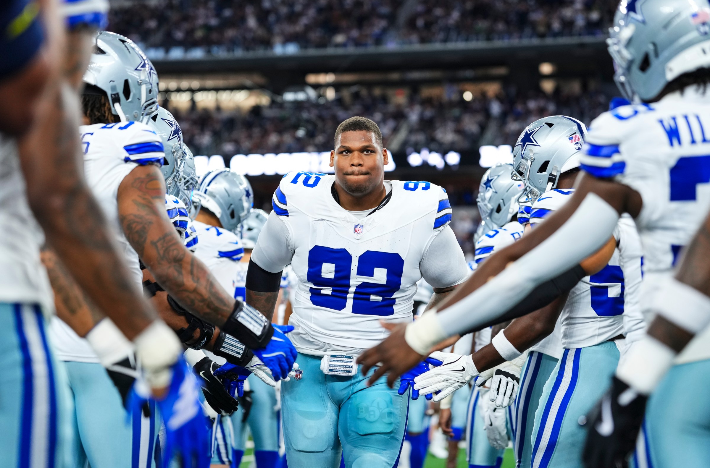 ARLINGTON, TX - NOVEMBER 23: Quinnen Williams #92 of the Dallas Cowboys runs out of the tunnel prior to an NFL football game against the Philadelphia Eagles at AT&T Stadium on November 23, 2025 in Arlington, Texas. (Photo by Cooper Neill/Getty Images)
