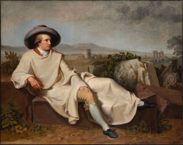 A painting of man sitting on a large stone with a marble relief behind him and the tomb of Caecilia Metella in the background.