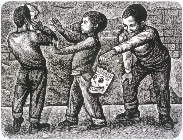A black and white woodcut print of three young boys playing with skull masks.