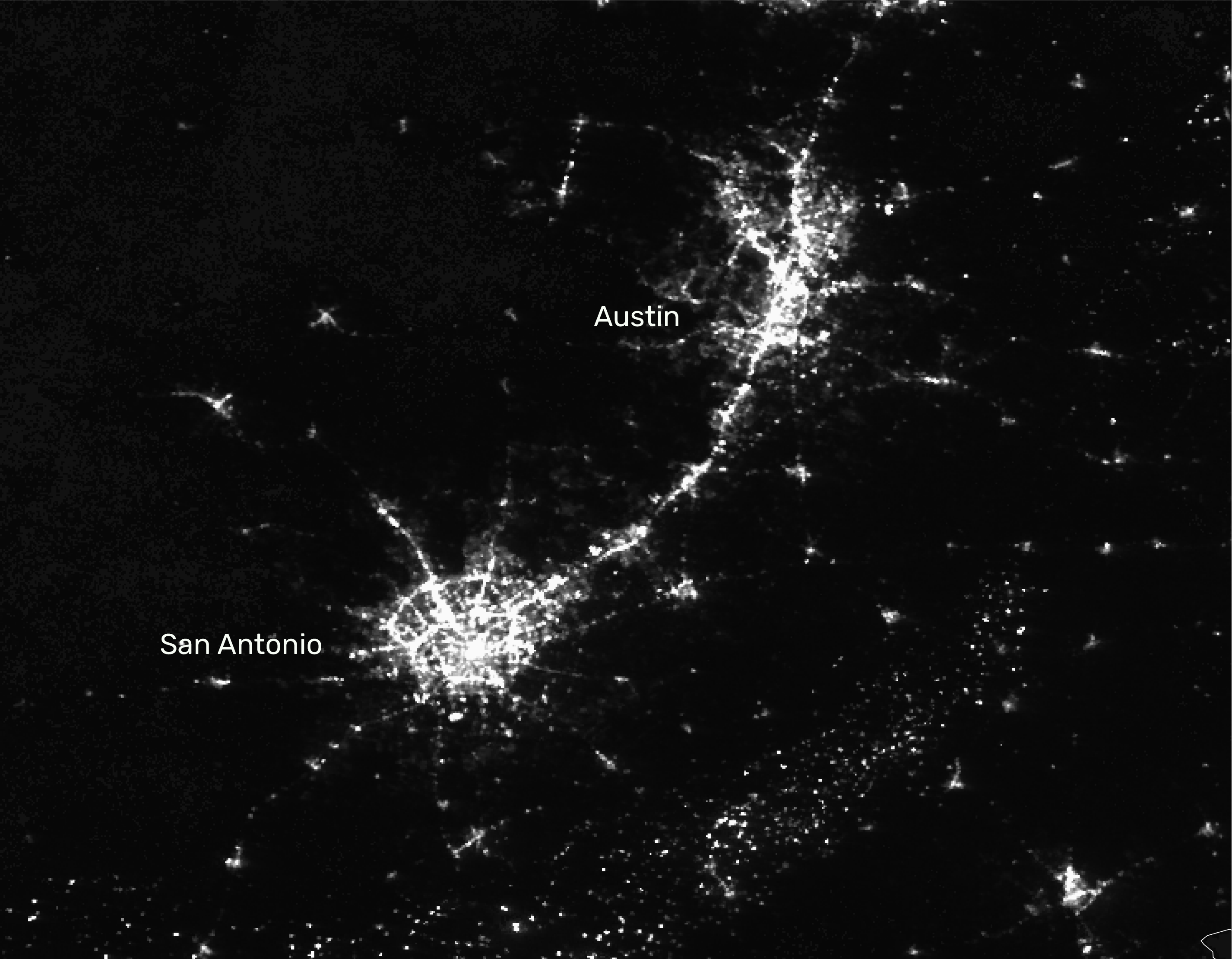 Nighttime satellite imagery shows San Antonio lights in November.