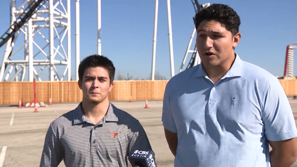 Matthew Cantu, 24, and Nicholas Sanchez, 20, stranded over 100 feet above the Circuit of the America's sports complex amusement park in Texas for almost an hour.
