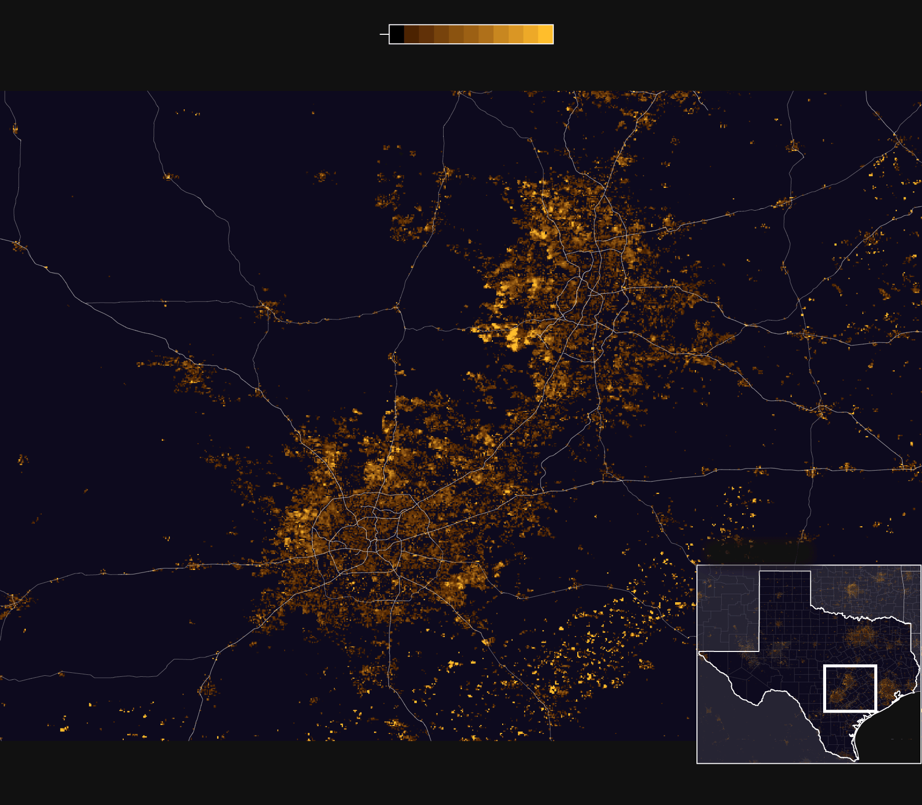 Nighttime satellite imagery in San Antonio shows that the suburbs are brighter in December than the months surrounding it by percent change in radiance values.