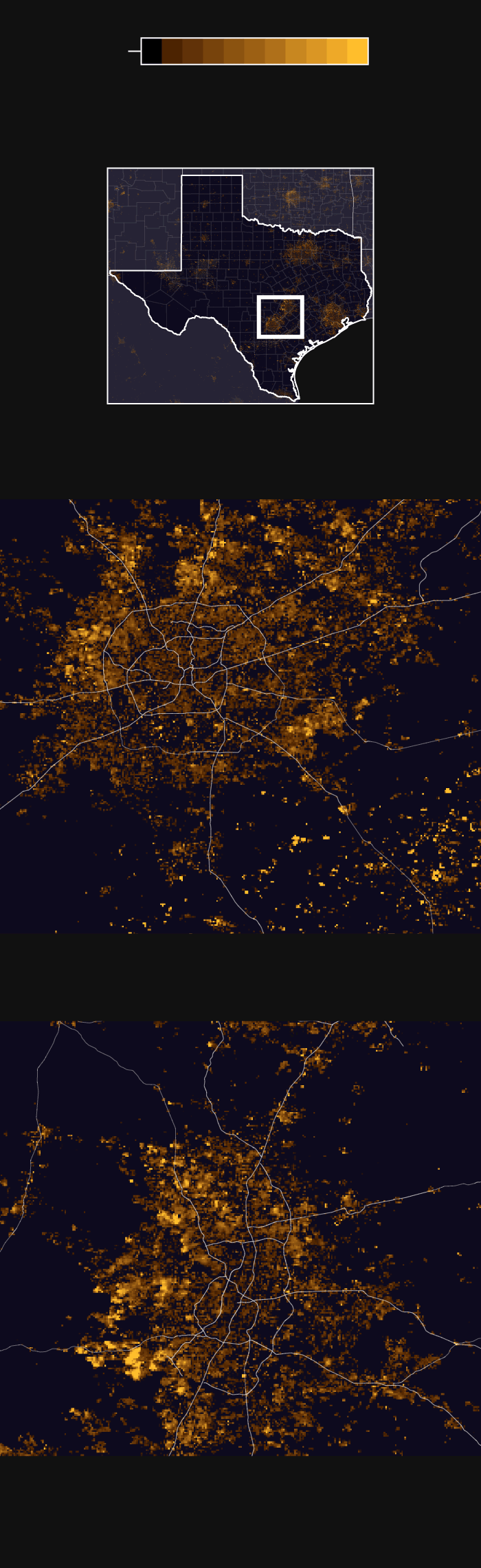 Nighttime satellite imagery in San Antonio shows that the suburbs are brighter in December than the months surrounding it by percent change in radiance values.
