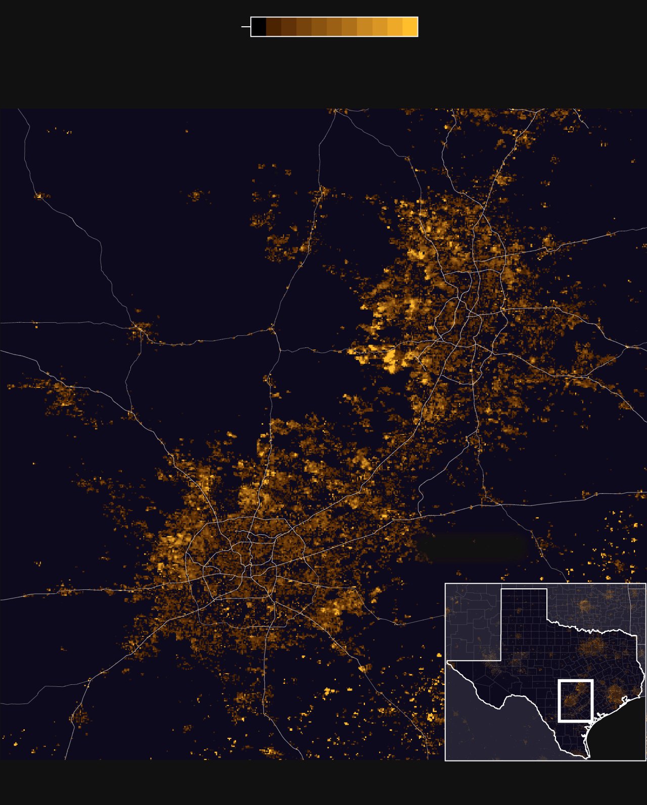 Nighttime satellite imagery in San Antonio shows that the suburbs are brighter in December than the months surrounding it by percent change in radiance values.