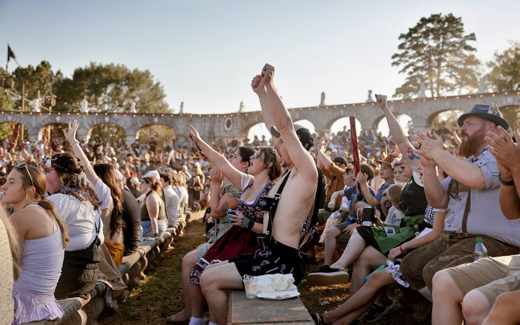 A Spanish knight rides his horse during the joisting performance at the main arena.