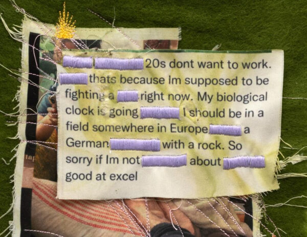 An artwork featuring text redacted by embroidered purple thread stitched over images and green felt.