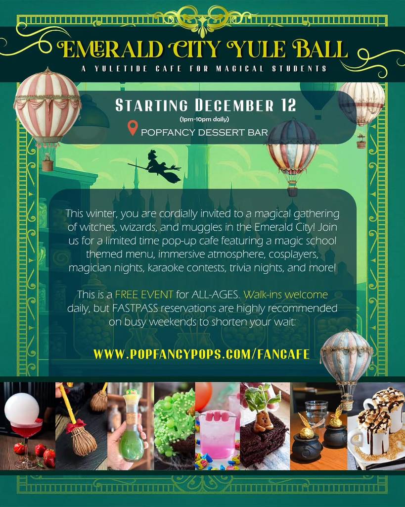 Image shows the Popfancy Dessert Bar announcement for their Emerald City pop-up in Houston.