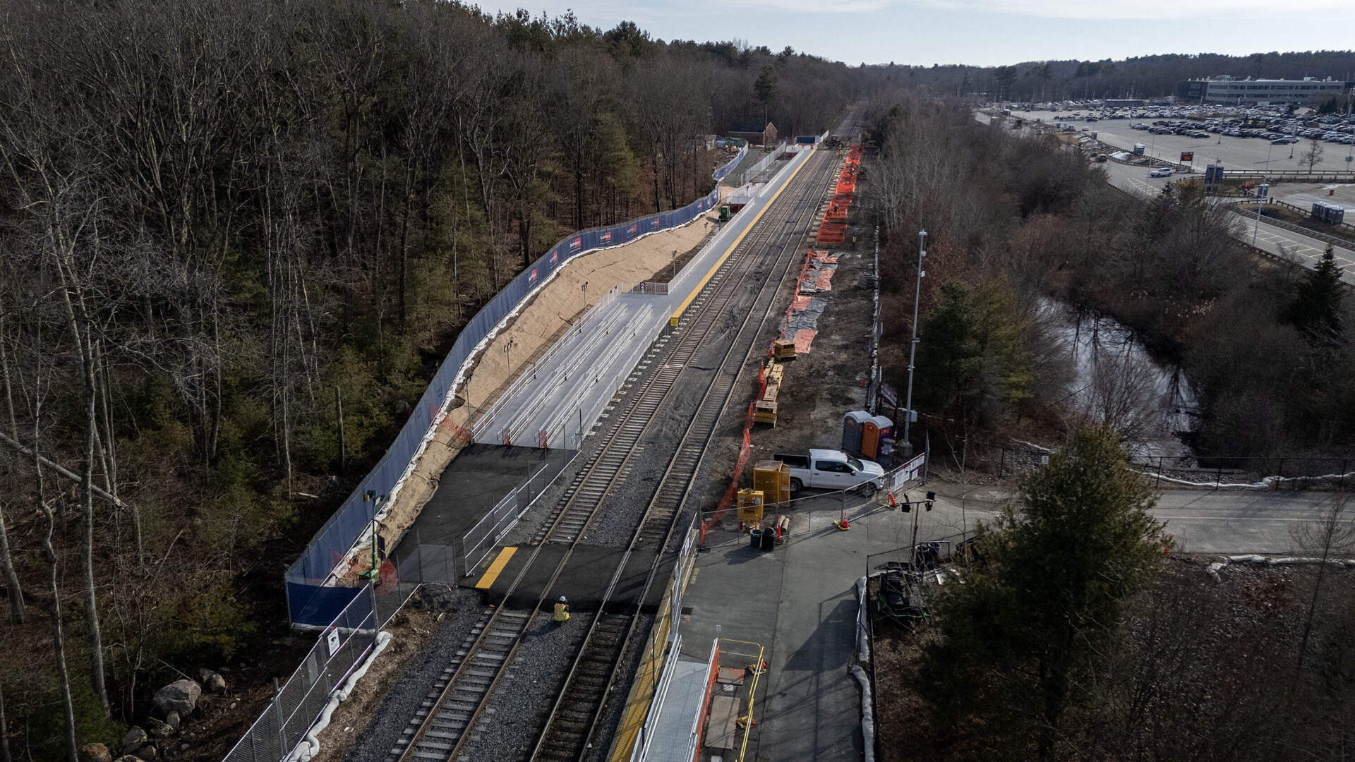Work under way to expand the MBTA's Foxboro Station to improve rail passenger access to events at Gillette Stadium. (Robin Lubbock/WBUR)
