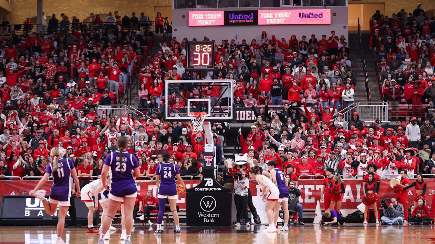 Texas Tech students attempt to district a Kansas State free throw shooter during a Big 12 Conference women's basketball game, Saturday, Jan. 17, 2026, in United Supermarkets Arena.