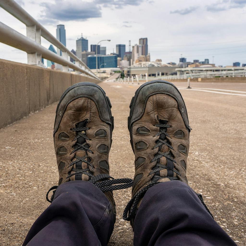 May 10 6:07 P.M. Pausing for a brief rest as I cross the Trinity River on the Jefferson Boulevard Viaduct.