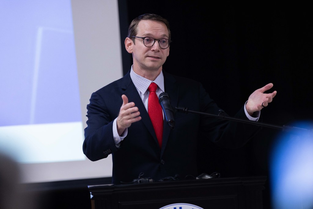 Texas Education Agency Commissioner Mike Morath speaks at Harmony Hills Elementary School in San Antonio on Friday, August 15.