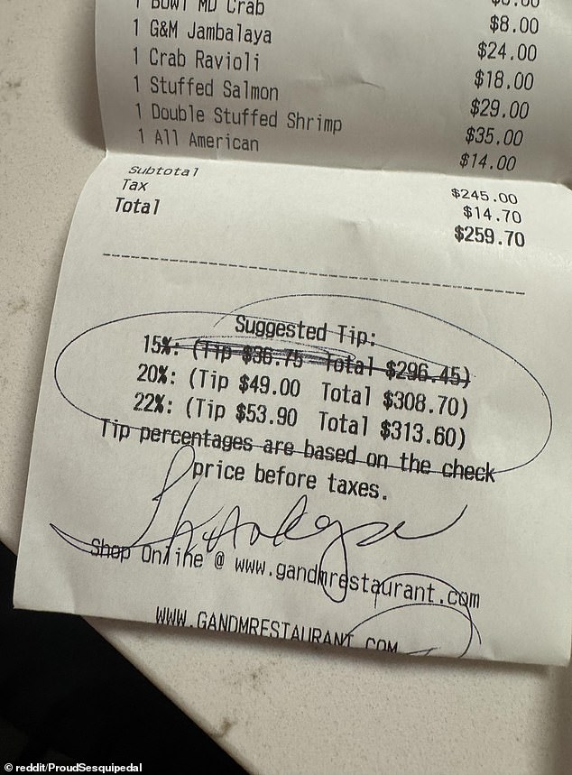 Customers at a casual seafood eatery in Maryland were outraged when they received their bill for a $260 meal with the 15 percent tip option scribbled out by the server
