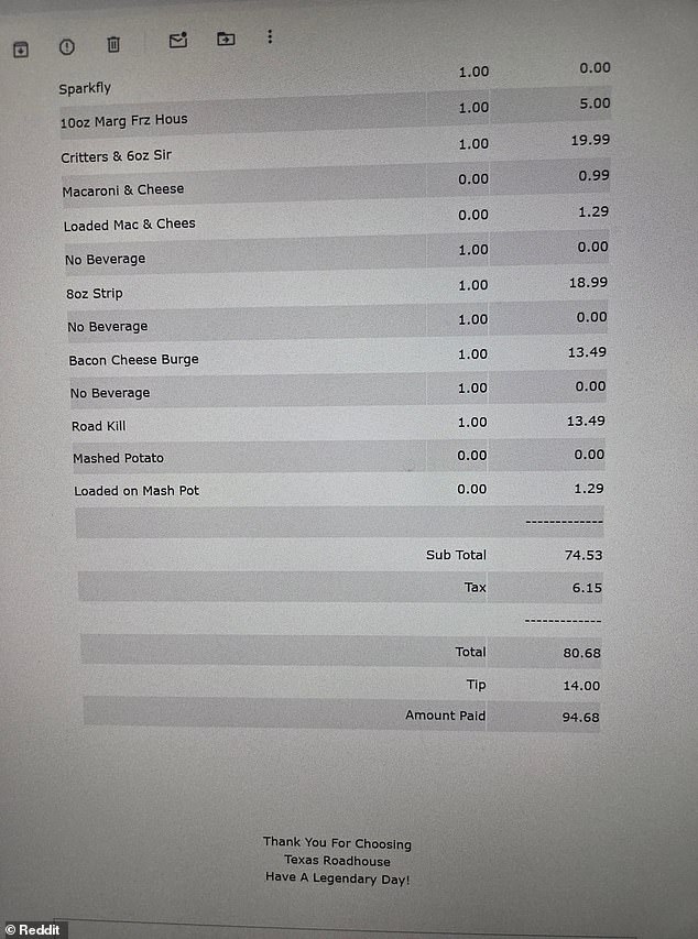 The customer did the math themselves, and found that the total Texas Roadhouse had calculated made no sense