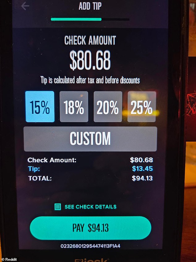 The real surprise came from the message written in small print on the bill: 'Tip is calculated after tax and before discounts'