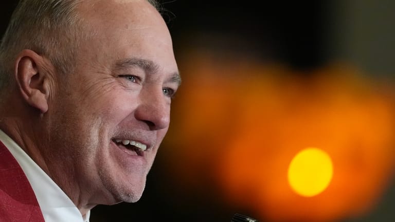 Texas Tech head coach Joey McGuire speaks at a press...