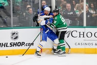  Dallas Stars’ Matt Duchene (95) smashes into Buffalo Sabres’ Jordan Greenway (12) during a...