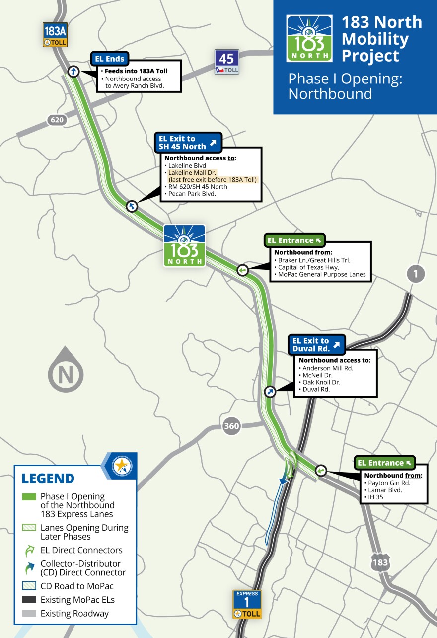 A map showing entrances and exits along the 183 North Project. 
