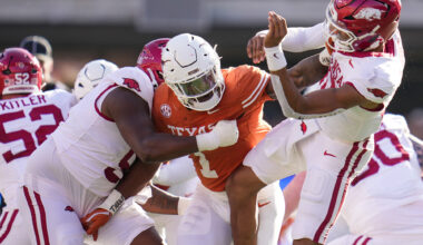 Texas Longhorns guards Dailyn Swain (3) and Simeon Wilcher (7) leave the court after the loss to Mississippi State at the Moody Center on Saturday, Jan. 3, 2026 in Austin.