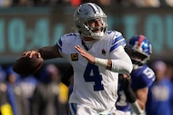 Dallas Cowboys quarterback Dak Prescott (4) passes against the New York Giants during the...
