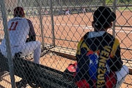 A young fan watches Team Venezuela in a game on Sunday, April 13, 2025, at one of the...
