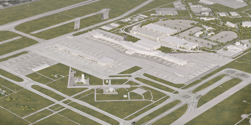 A conceptual rendering showing the new Concourse B and smaller Concourse M.