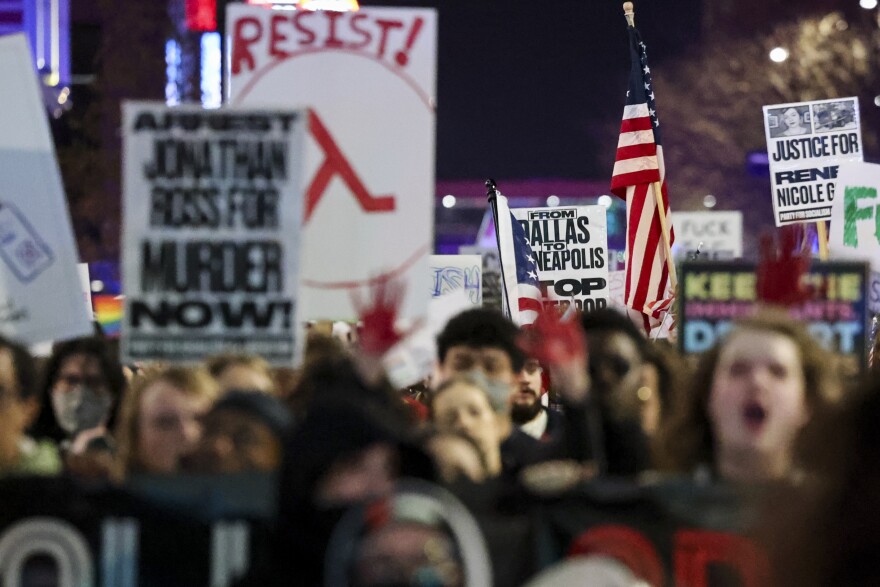 About 1,000 people marched through downtown Dallas Thursday night to protest the fatal shooting of Renee Nicole Good by an ICE agent in Minneapolis.