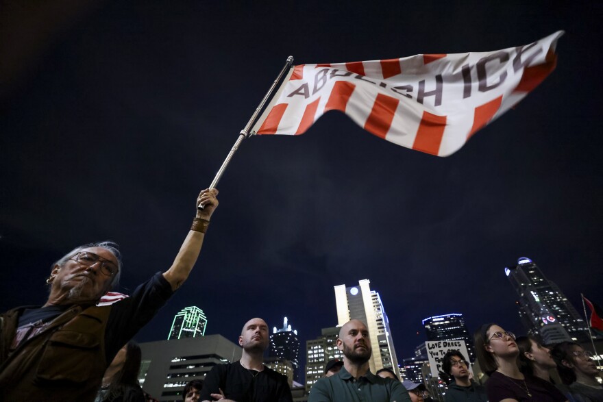 Thousands attend a protest against ICE after the death of Renee Nicole Good in Minneapolis on Thursday, Jan. 8, 2026, in front of Dallas City Hall.