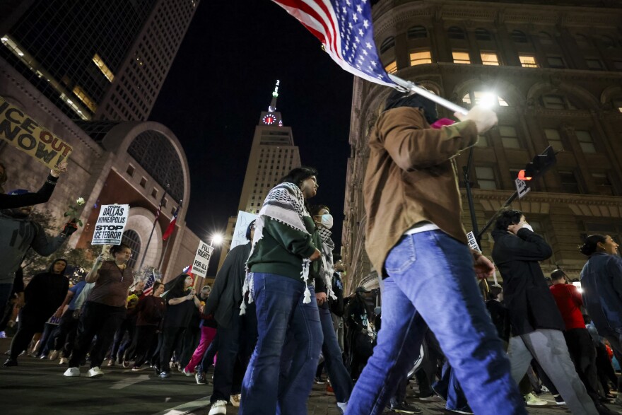 About a 1,000 people marched in downtown on Thursday in Dallas to protest the fatal shooting of Renee Nicole Good by an ICE agent in Minneapolis.