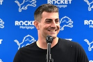 FILE - Detroit Lions quarterback David Blough talks to reporters after the team's NFL...