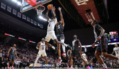 Tramon Mark, right, of the Texas Longhorns drives to the basket during the first half around Keitenn Bristow of the Alabama Crimson Tide at Coleman Coliseum on Jan. 10, 2026, in Tuscaloosa, Ala. (Photo by Brandon Sumrall/Getty Images)