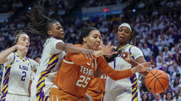 LSU guard MiLaysia Fulwiley, second from left, and Texas forward...